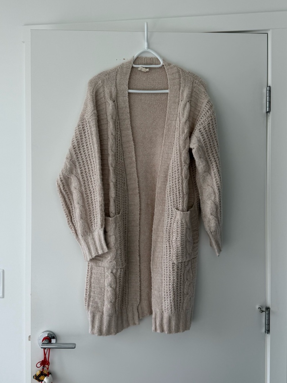 BiBi Neutral Taupe Open-Front Cable Knit Cardigan
